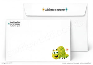 A white envelope with a cartoon caterpillar on the front and a note to chew on the back.