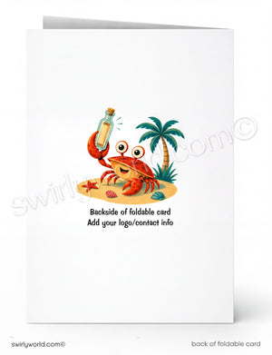 A folded white card shown front and back on a white background. The front has a colorful illustration of a smiling orange crab holding a bottle on a beach with a palm tree, and the back text reads 'Backside of foldable card' and 'Add your logo/contact info'.