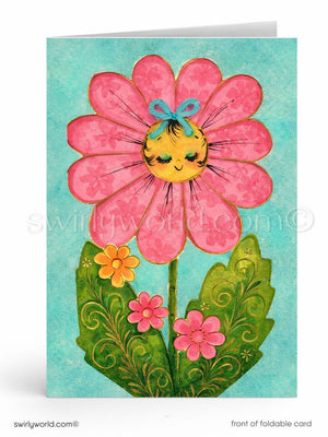 Happy Mother's Day greeting card with a 1950s-60s cartoon flower character on a blue background