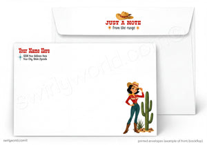 Custom printed white envelopes shown on a white background. The front envelope features a cowboy illustration next to a cactus and placeholder text for name and address, while the back envelope shows a cowboy hat graphic with the text 'JUST A NOTE from the range'.