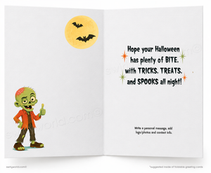 a Halloween-themed card with a green zombie character giving a thumbs up. The card has a message wishing the viewer a pleasant Halloween with plenty of bites, tricks, treats, and spooky activities.