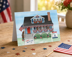 a house with American flags and a "SOLD" sign, surrounded by stars and a vase of flowers, suggesting a celebratory or real estate-related occasion.
