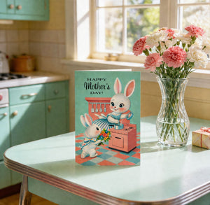 A greeting card with a mother rabbit and a child rabbit on a kitchen counter, with a vase of pink and white flowers and a gift box nearby.