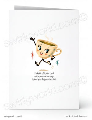 A white card with a cartoon illustration of a cup of coffee with a smiling face and dancing arms, along with some text instructions for adding a personal message.
