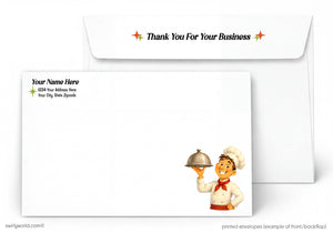 Envelopes with cartoon character holding a silver tray and 'Thank You For Your Business' text.