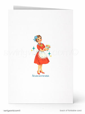 A vintage-style illustration of a woman in a red dress and apron, holding flowers and standing in front of a white background with a blue starburst.