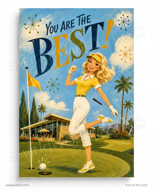 Vintage-style golf poster with a woman golfer and text 'You Are The Best!' on a golf course.
