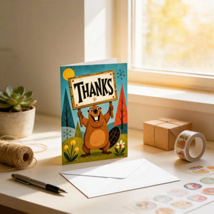 A colorful greeting card with a cartoon beaver holding a "Thanks" sign is displayed on a desk, surrounded by various office supplies and a potted plant.