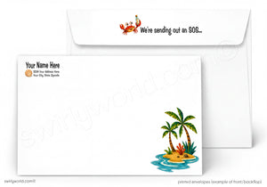 A printed envelope set shown on a white background, with one envelope displaying a small red crab and the text 'We're sending an SOS.
