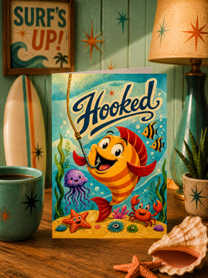 a vibrant and colorful illustration of a cartoon fish, with various sea creatures such as starfish, crabs, and jellyfish surrounding it. The scene is set against a backdrop of a beach or ocean, with a surfboard and a lamp visible in the background. The overall composition of the image is lively and playful, with the fish as the central focus.