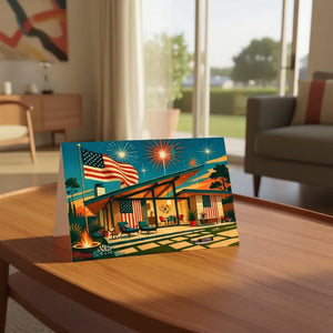 A greeting card depicting a house with an American flag and fireworks in the night sky is displayed on a wooden table in a living room.