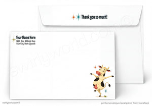 a white envelope with a cartoon cow illustration on the front. The cow is depicted dancing and appears to be in a joyful mood. The envelope has a message on the back that says "Thank you so much!"
