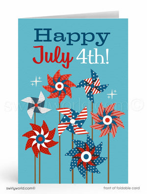 The image is a colorful greeting card celebrating the 4th of July, featuring a variety of pinwheels in patriotic colors of red, white, and blue.