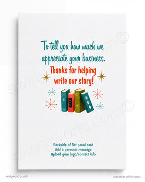 Greeting card with colorful text and books illustration on a white background