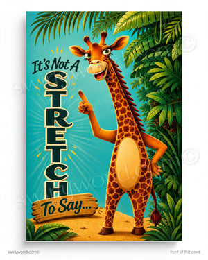 Cartoon giraffe with text 'It's Not A Stretch To Say' against a tropical background