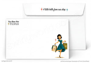 A printed stationery set showing a white envelope with a smiling woman carrying shopping bags and a second white envelope with placeholder text, on a white background.