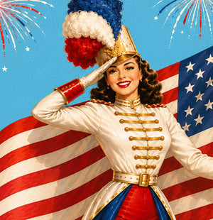 A woman in a white military uniform with gold epaulettes and a red, white, and blue headdress stands in front of an American flag, smiling and waving.