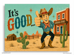 A cartoon cowboy standing in front of a red building with a sign that says "GENERAL STORE", giving a thumbs up gesture.