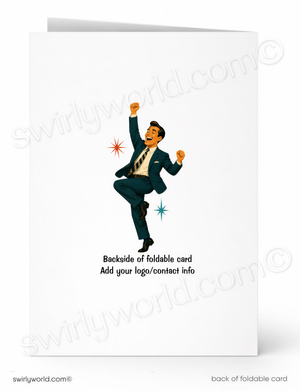 a man in a suit dancing with his arms raised, surrounded by three stars.