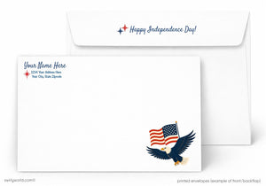Independence Day greeting card with eagle and American flag design on a white background