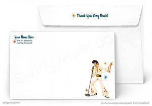 Custom printed white envelopes shown on a light gray background, with one envelope front featuring placeholder text and an illustrated figure in a white outfit with colorful star accents, and the back showing 'Thank You Very Much!' in teal.