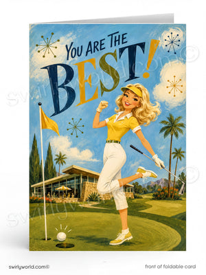 Greeting card with a woman playing golf on a golf course, featuring text 'You Are The Best!'.