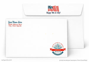 a white envelope with a patriotic design, including an American flag and a message that reads "Happy 4th of July!".