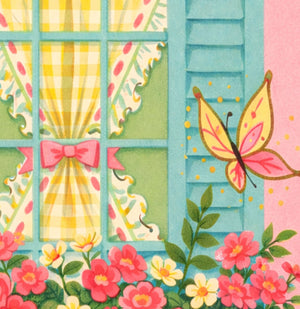 A colorful illustration depicting a window with a bow, flowers, and a butterfly.