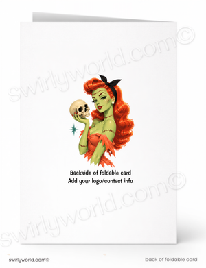 a cartoon illustration of a woman with red hair and green skin, holding a skull in her hand. The background is white, and there is text at the bottom of the image that reads "Backside of foldable card. Add your logo/contact info."