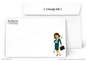 A printed stationery set showing a white envelope with the phrase “A Friendly Hello” and a white card with placeholder address text and a small retro-style illustration of a woman in a teal dress holding a black briefcase.