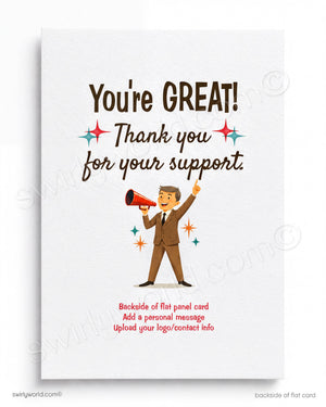 Motivational card with a man holding a megaphone and text 'You're GREAT! Thank you for your support.'