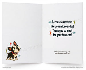 The image is a greeting card featuring a cartoon dog and stars. The text on the card reads, "Because customers like you make our day! Thank you so much for your business!"