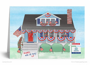 A colorful illustration of a house decorated for the 4th of July, with American flags and patriotic decorations.