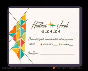 This elegant & swanky 1960s mid-century modern wedding invitation and RSVP card digital download features a chic MCM retro mod Palm Springs aesthetic with atomic-inspired colors and starbursts.