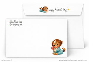 Mother's Day card with a child holding flowers and an envelope with a lion illustration.