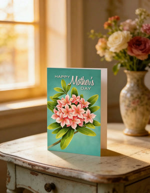 A Mother's Day card with a floral design sits on a wooden table, with a vase of colorful flowers in the background.