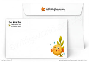 Custom printed white envelopes shown on a light gray background. The front envelope features a yellow cartoon starfish character with green leaves and blue sparkles, while the back envelope displays the phrase 'Just floating this your way.