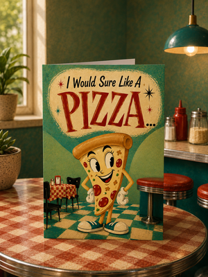 A retro-style greeting card featuring a cartoon pizza slice character and the text 'I Would Sure Like A PIZZA.