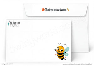 A printed white envelope set shown on a light gray background. The front envelope has a cartoon bee illustration in the lower right corner and sample text on the upper left.