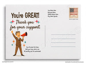 The image is a postcard with a cartoon illustration of a man holding a megaphone and a stamp. The postcard has a message that reads "You're GREAT! Thank you for your support." The postcard also includes a blank space for a recipient's name and address, as well as instructions for customizing the writing.