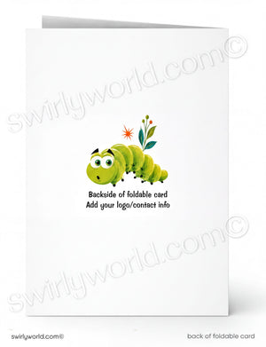 The image is a white card with a green caterpillar illustration on it. The card has a text overlay that reads " backside of foldable card Add your logo/contact info".
