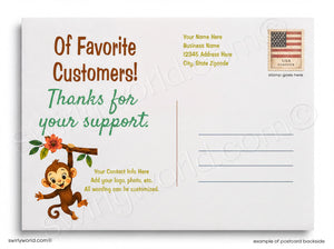 Postcard with a monkey illustration and text thanking customers for their support, featuring a U.S. flag and address lines.