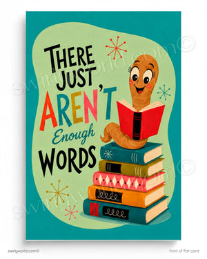 a stack of colorful books with a smiling, anthropomorphized caterpillar sitting on top of them. The text "There just aren't enough words" is displayed in a playful, artistic style.