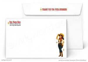 a cartoon illustration of a woman wearing a cowboy hat and boots, along with a "Thank you for your business!" message printed on an envelope.