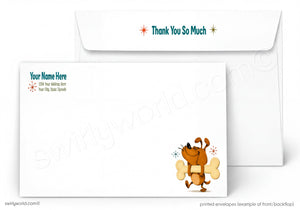 A set of printed custom envelopes on a white background, featuring a front envelope with a cartoon dog illustration and the text 'Thank You So Much' in teal, and a back envelope with placeholder text 'Your Name Here' and '1234 New Address City, State, Zip-code'.