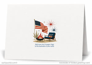 The image is a greeting card featuring an American flag, a campfire, and a chair, with the text "Add more text/images/logo to the backdrop of your cards" and "backside of folded greeting card" provided.