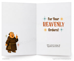 The image is a greeting card with a cartoon character, likely a religious figure, standing in front of a starry background. The card has a message that reads "For Your Heavenly Orders!" and instructions for writing a personal message, including adding photos and contact information.