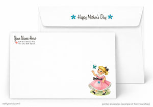 Mother's Day card with a girl in a pink dress and butterfly, addressed envelope on a white background