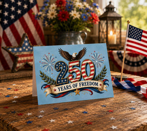 a commemorative card celebrating the 250th anniversary of the United States, with an eagle, fireworks, and American flags in the background.