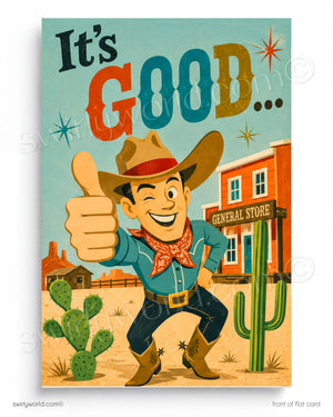 A cartoon cowboy giving a thumbs up in front of a red building labeled "General Store".